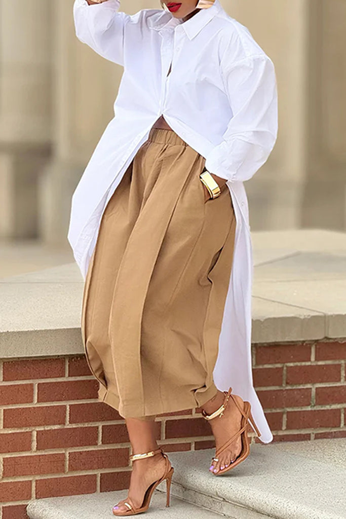 Casual Solid Color Buttons Slit Turndown Collar Tops