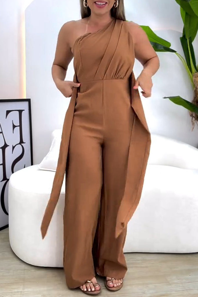 Casual Elegant Solid Color Belted Oblique Collar Regular Jumpsuits