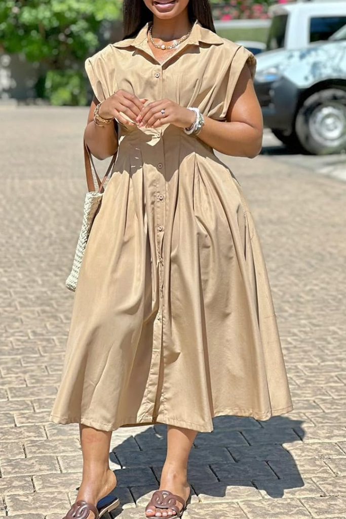 Casual Solid Color Buckle Patchwork Turndown Collar Long Dresses