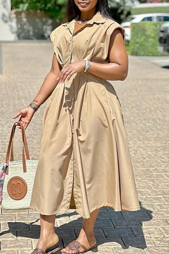 Casual Solid Color Buckle Patchwork Turndown Collar Long Dresses