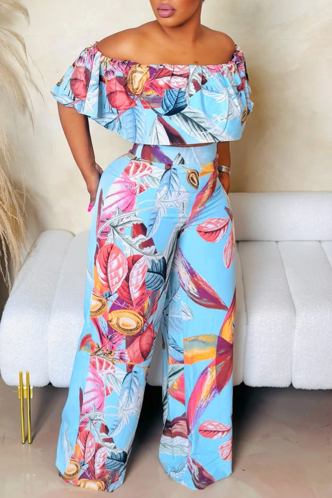 Casual Daily Leaf Print Backless Off Shoulder Short Sleeve Two Pieces