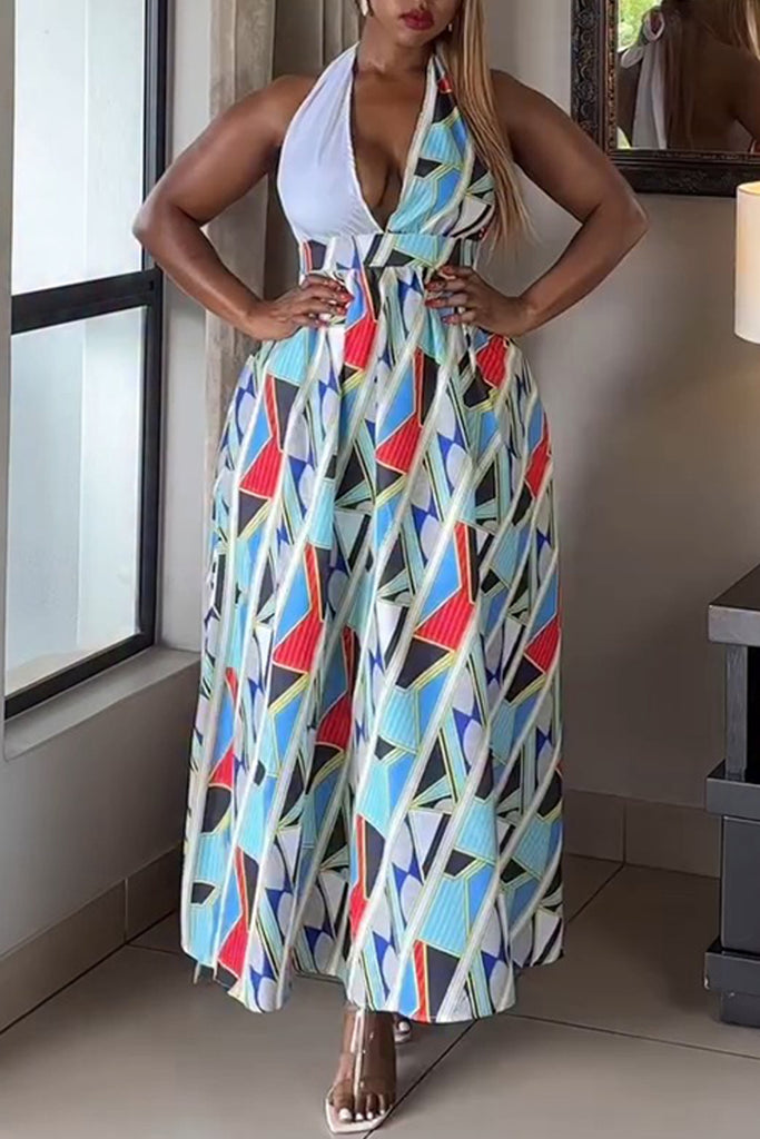 Sexy Casual Daily Vacation Print Backless Belted Halter Long Dresses