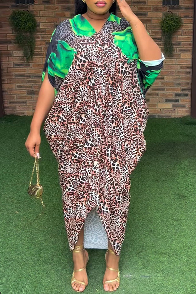 Casual Daily Leopard Print Basic V Neck Long Dresses