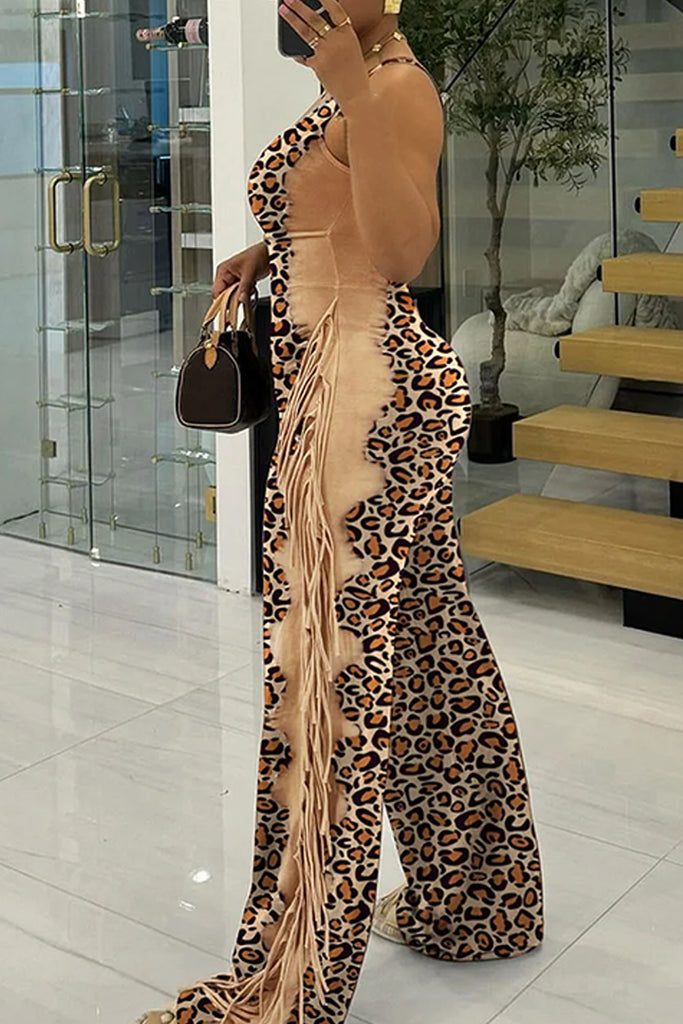 Sexy Casual Daily Leopard Print Hollow Out Patchwork Backless Tassel U Neck Bodycon Jumpsuits