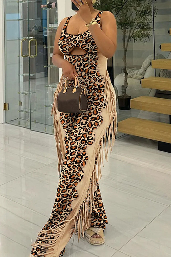 Sexy Casual Daily Leopard Print Hollow Out Patchwork Backless Tassel U Neck Bodycon Jumpsuits