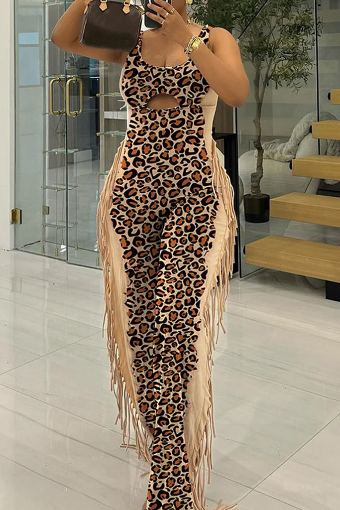 Sexy Casual Daily Leopard Print Hollow Out Patchwork Backless Tassel U Neck Bodycon Jumpsuits