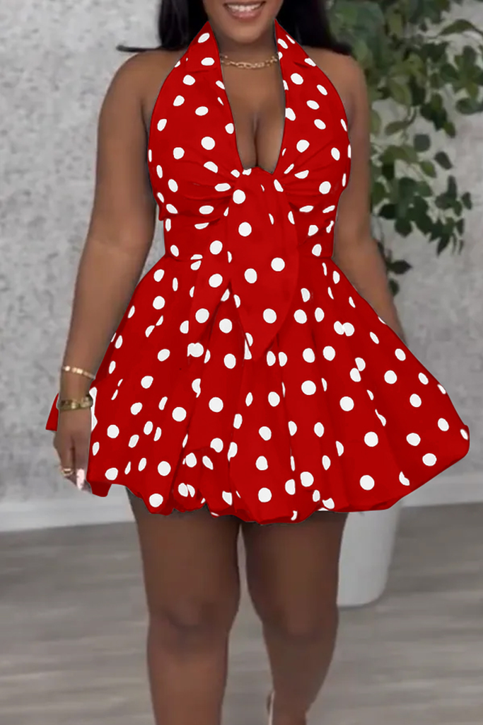 Sexy Polka Dot Patchwork Strap Design Deep V Neck Printed Dresses