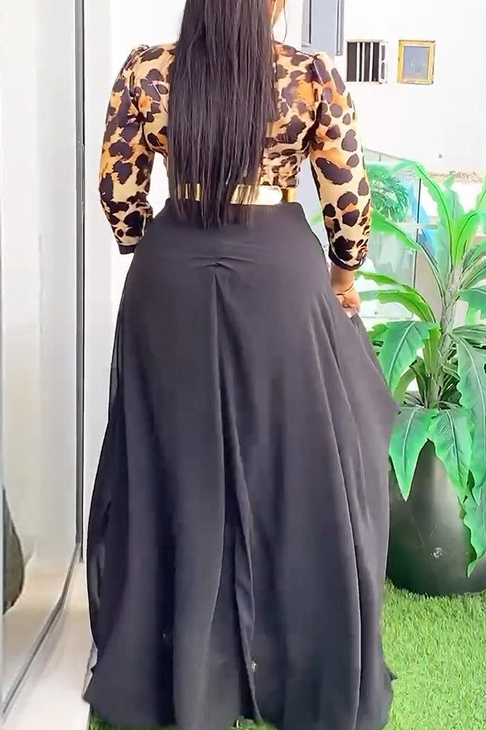 Casual Daily Elegant Leopard Print Patchwork O Neck Long Dresses (Without Belt)