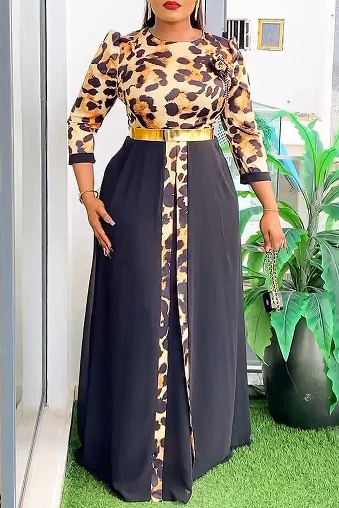 Casual Daily Elegant Leopard Print Patchwork O Neck Long Dresses (Without Belt)