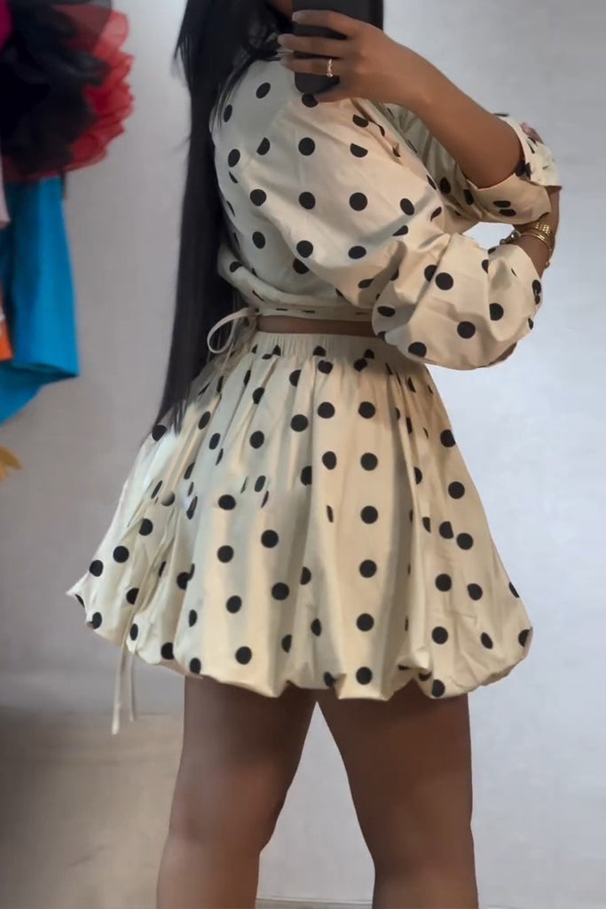 Sexy Daily Celebrities Vacation Polka Dot Lace Up Ruched Turndown Collar Long Sleeve Two Pieces