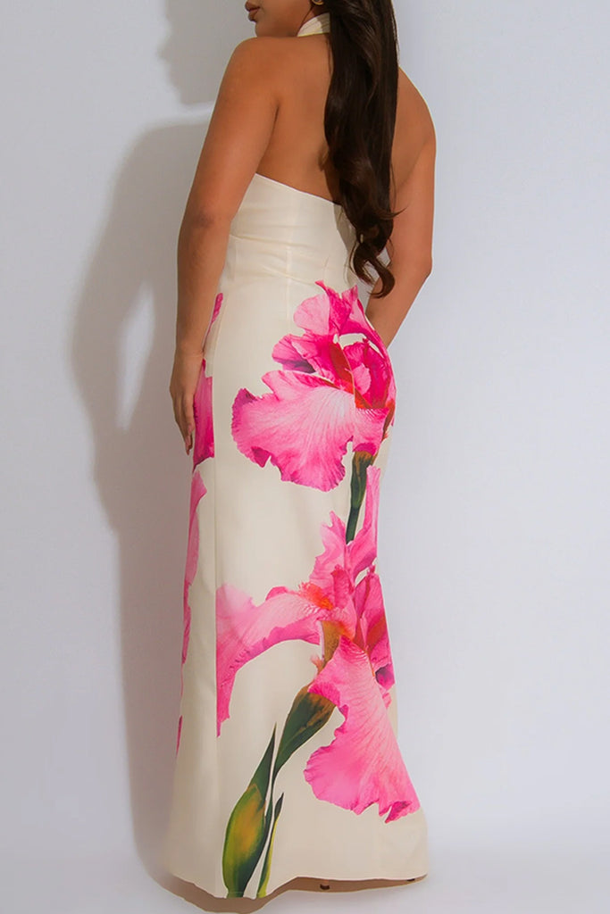 Sexy Elegant Floral Print Hollow Out Backless Halter Long Dresses