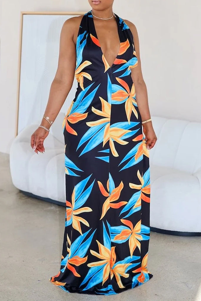 Sexy Print Backless Belted Halter Long Dresses