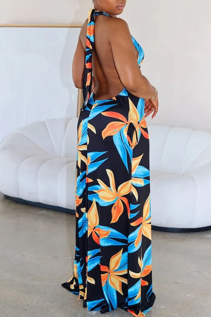 Sexy Print Backless Belted Halter Long Dresses