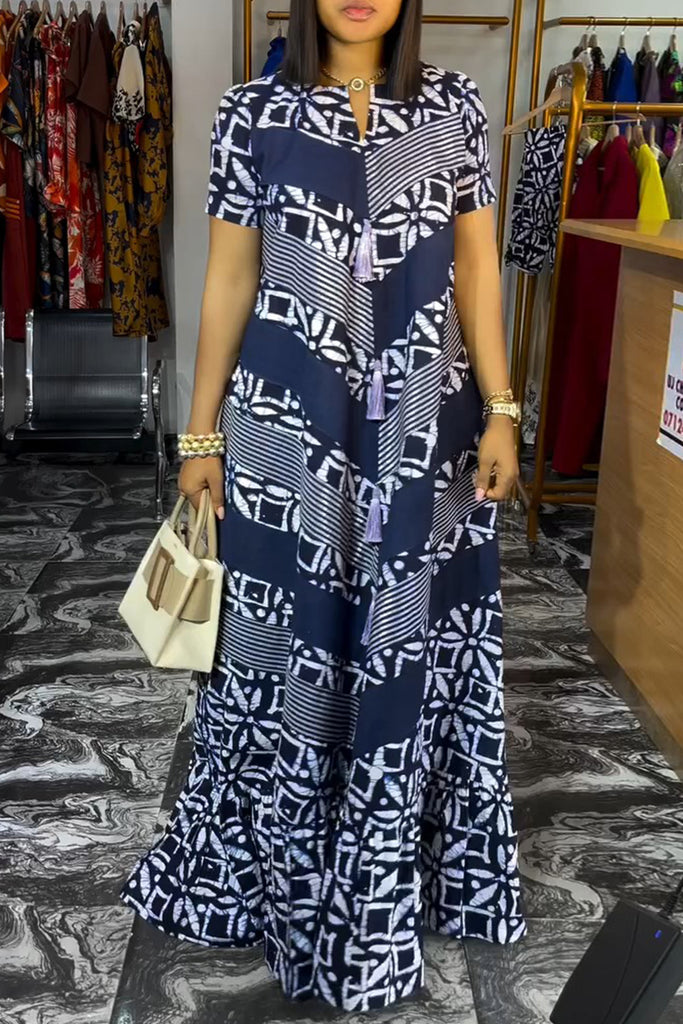 Casual Daily Print Patchwork V Neck Long Dresses