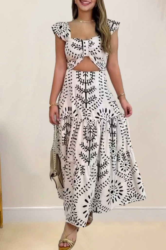 Casual Daily Vacation Plants Print Hollow Out Square Neck Long Dresses