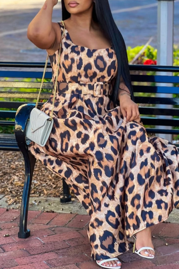 Sexy Casual Daily Leopard Print With Belt U Neck Long Dresses