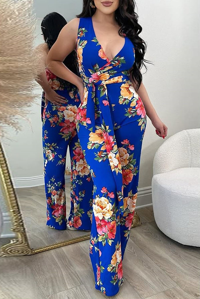 Sexy Casual Elegant Floral Print Belted V Neck Regular Jumpsuits