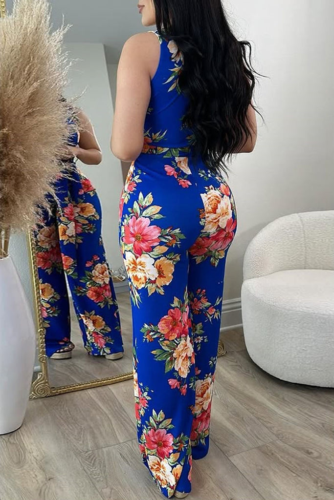 Sexy Casual Elegant Floral Print Belted V Neck Regular Jumpsuits