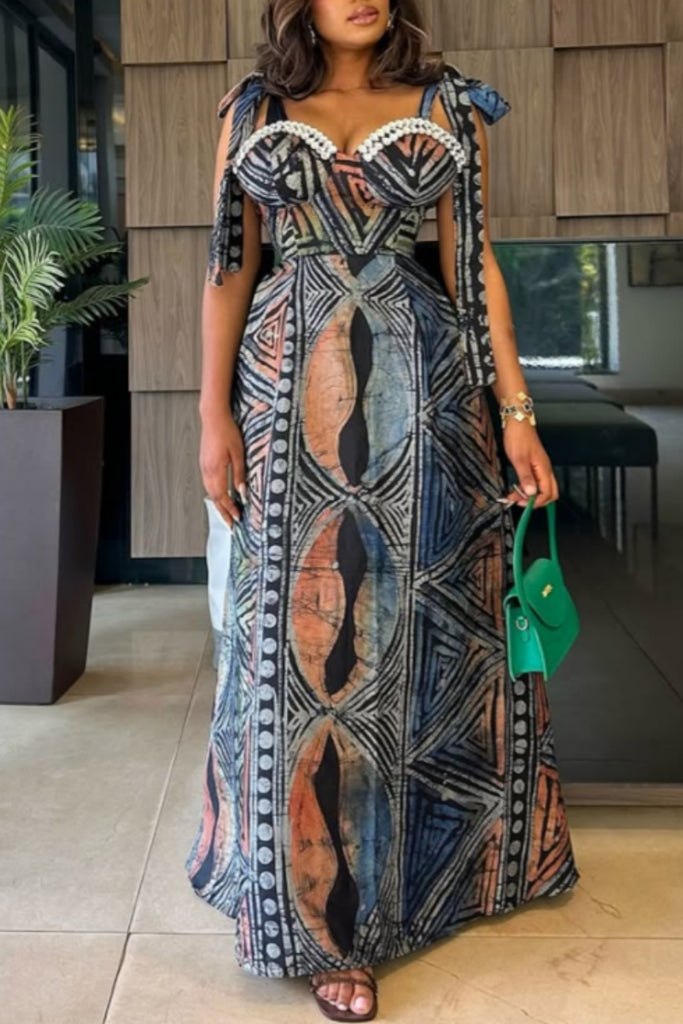 Sexy Print Backless Belted Spaghetti Strap Long Dresses