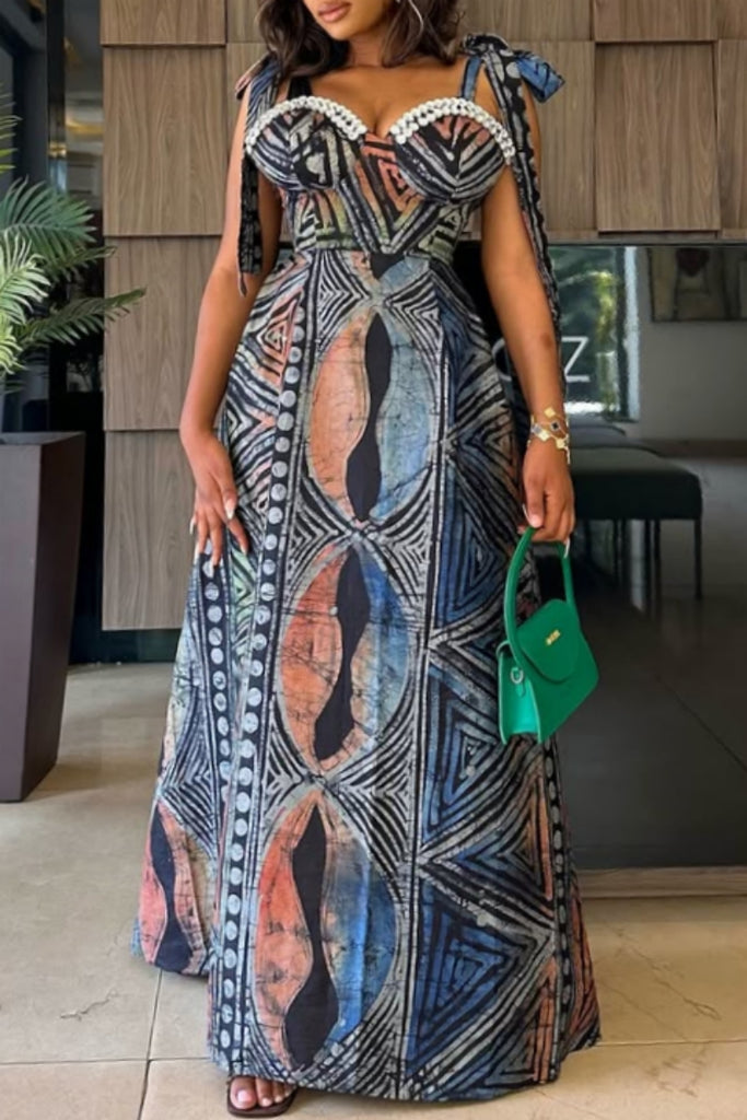 Sexy Print Backless Belted Spaghetti Strap Long Dresses