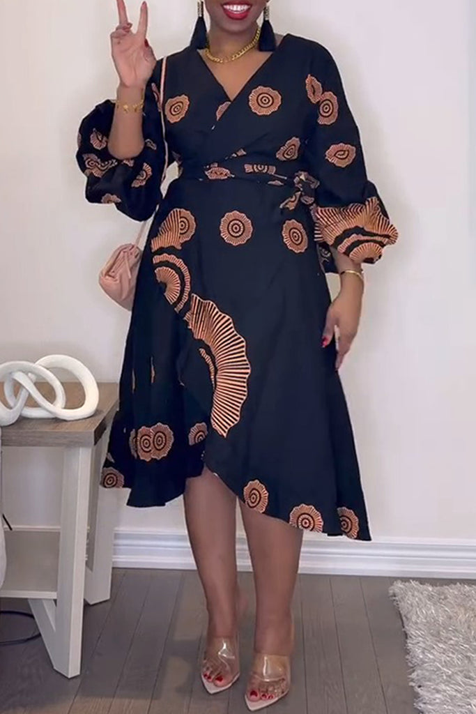 Casual Daily Print Belted V Neck A Line Dresses