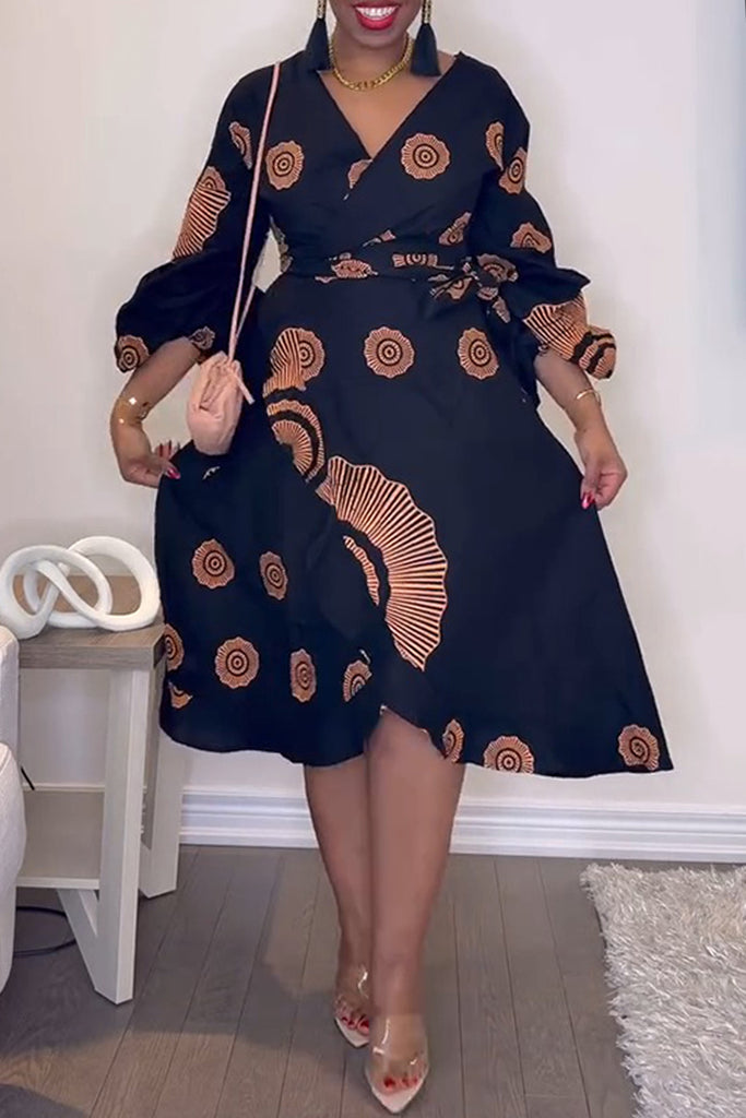 Casual Daily Print Belted V Neck A Line Dresses