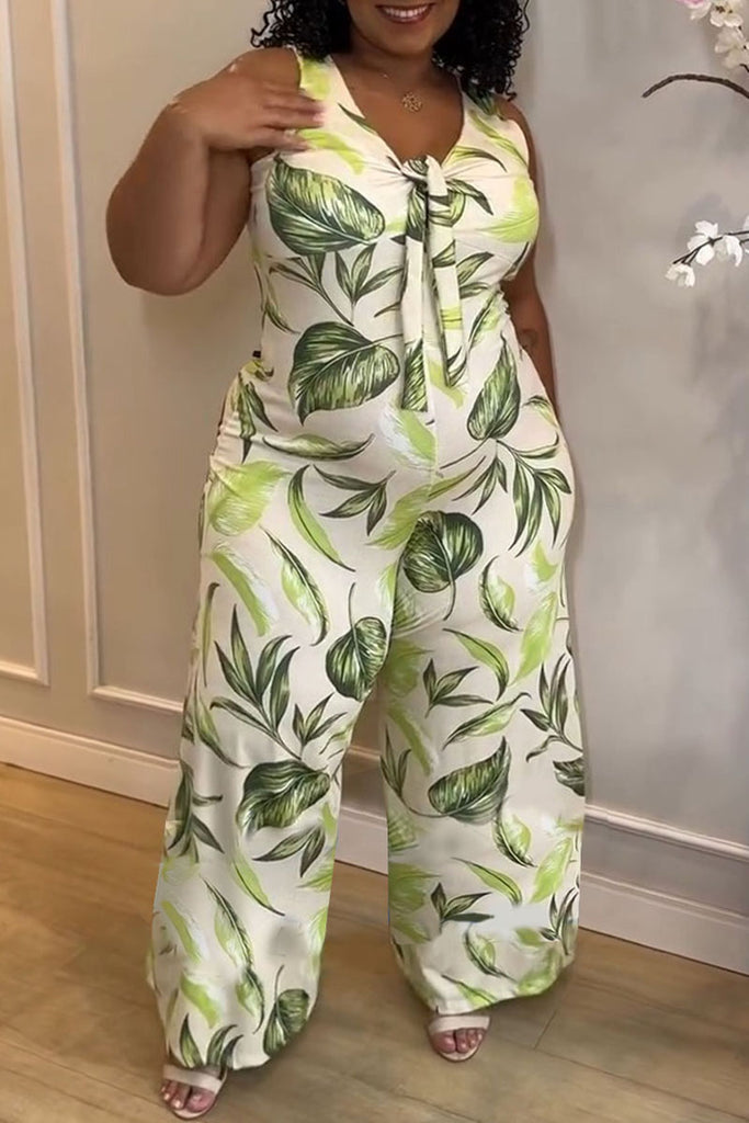 Casual Daily Plants Print Belted V Neck Regular Jumpsuits