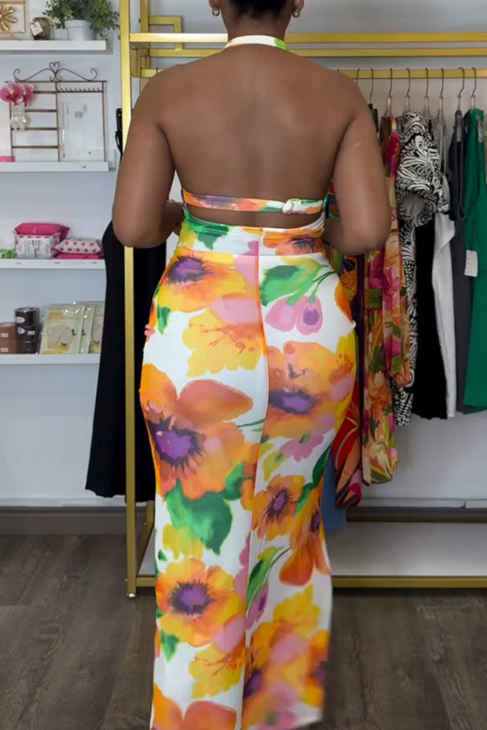 Sexy Casual Vacation Floral Print Backless Halter Long Dresses