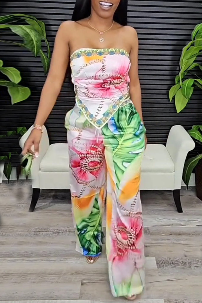 Sexy Casual Print Backless Strapless Sleeveless Two Pieces