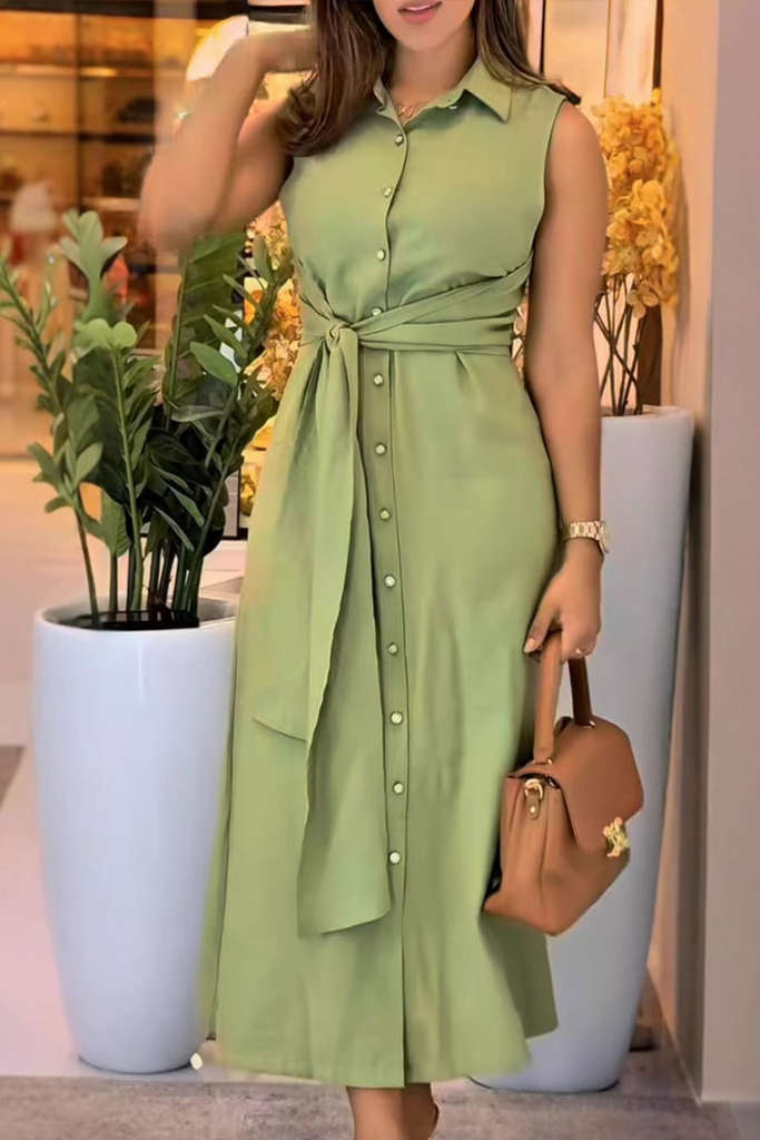 Casual Daily Solid Color Buttons Belted Turndown Collar Shirt Dresses