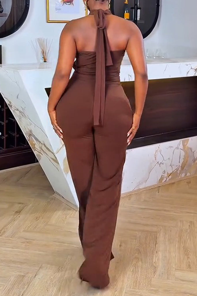 Sexy Casual Solid Color Backless Halter Bodycon Jumpsuits