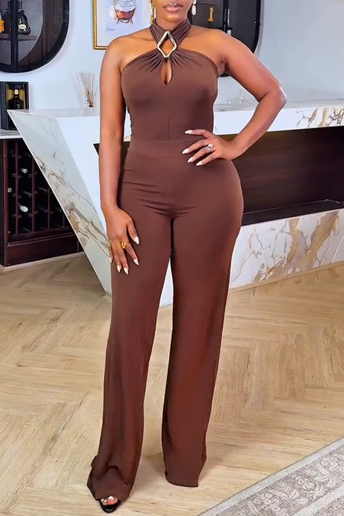 Sexy Casual Solid Color Backless Halter Bodycon Jumpsuits