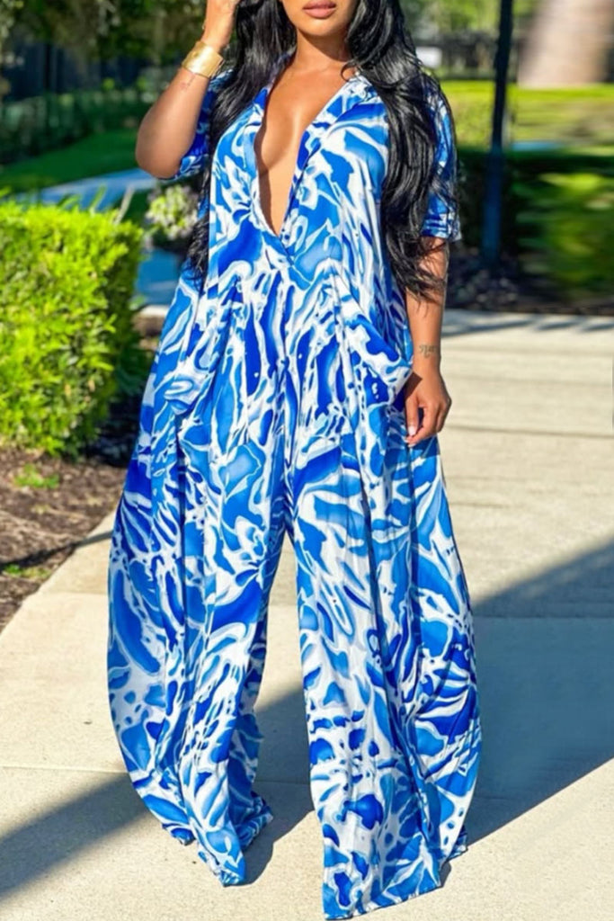 Casual Print Pocket Deep V Neck Regular Jumpsuits (Without Belt)