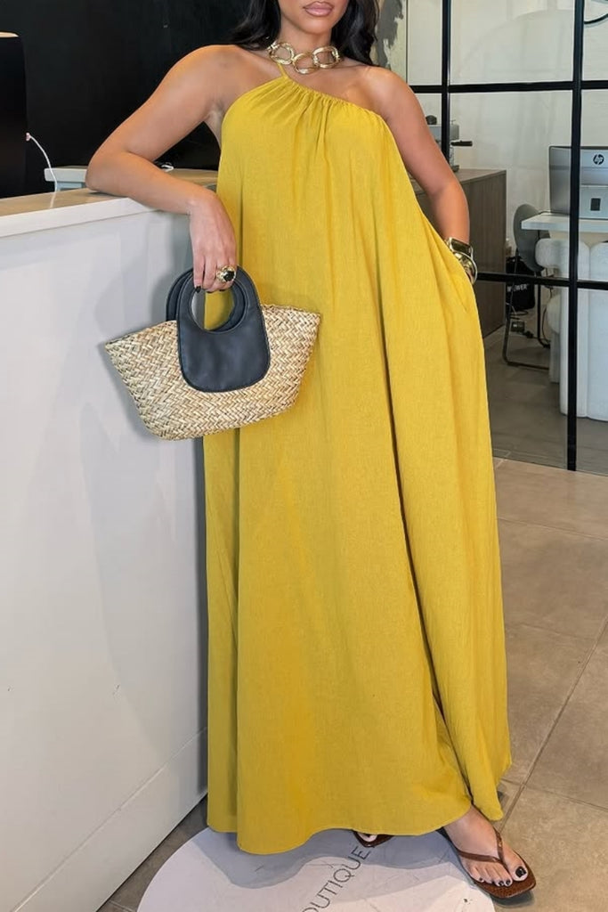 Sexy Casual Vacation Solid Color Backless Oblique Collar Long Dresses