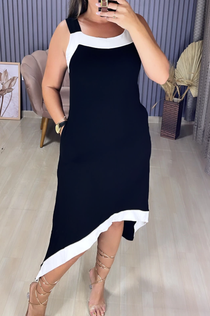 Casual Pocket Contrast U Neck Irregular Dresses