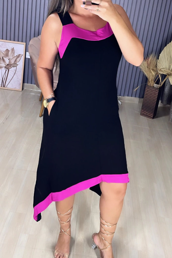 Casual Pocket Contrast U Neck Irregular Dresses