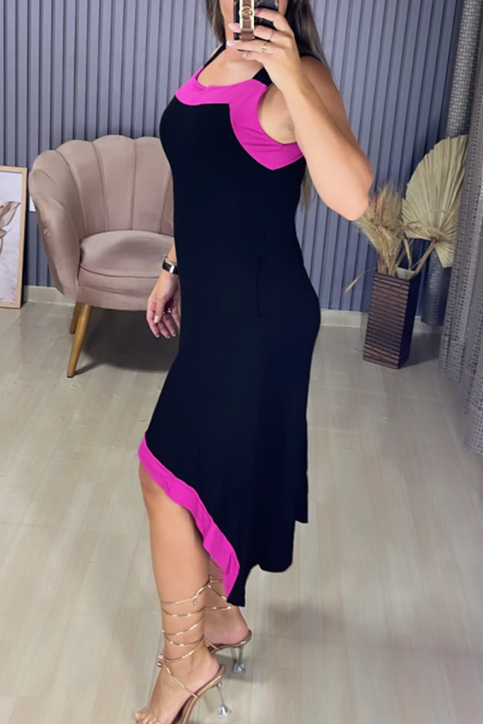 Casual Pocket Contrast U Neck Irregular Dresses