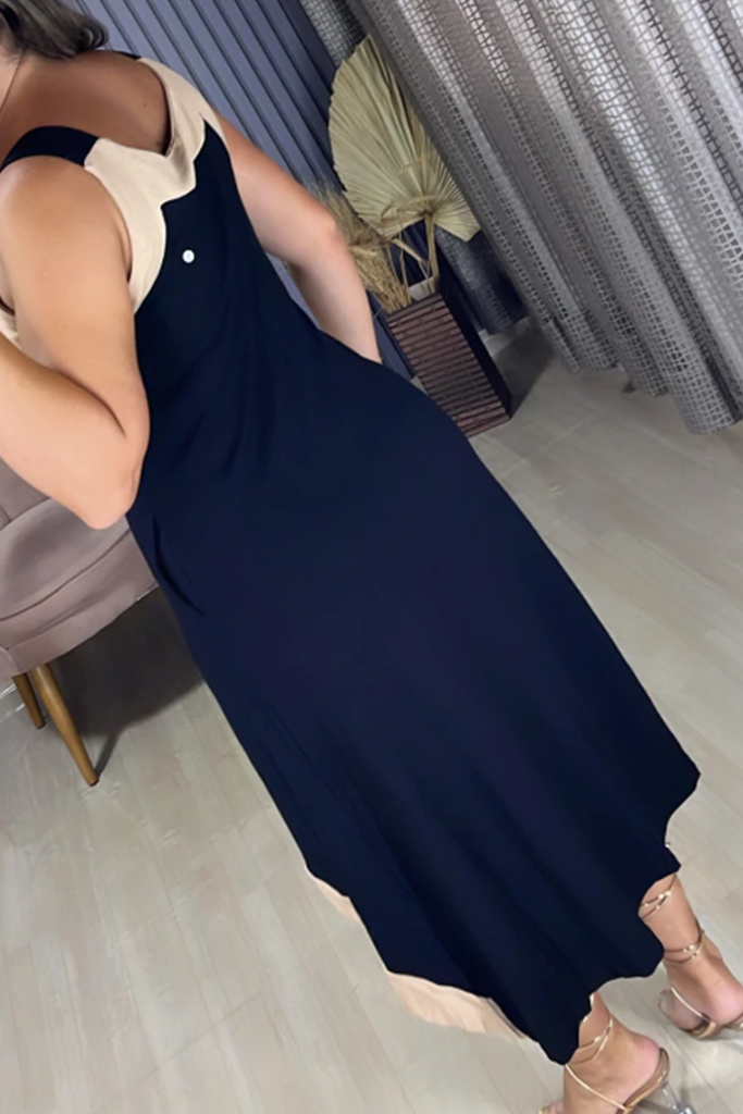 Casual Pocket Contrast U Neck Irregular Dresses