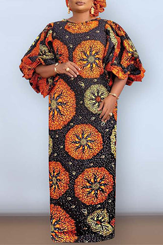 Elegant Floral Printed Vestidos Half Lantern Sleeve Maxi Dress