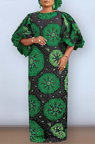 Elegant Floral Printed Vestidos Half Lantern Sleeve Maxi Dress