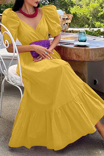 Vintage V-neck Swing Sundress Puff Sleeve Party Maxi Dress