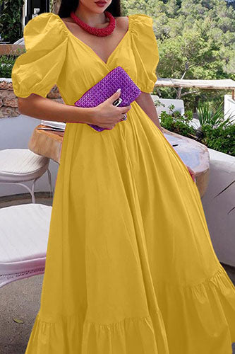 Vintage V-neck Swing Sundress Puff Sleeve Party Maxi Dress