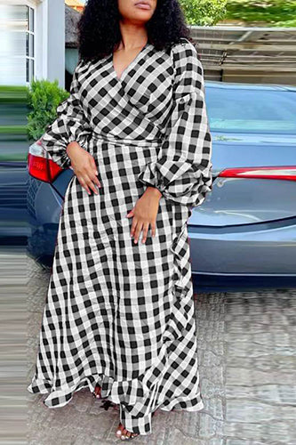 Vintage Lantern Sleeve Plaid Maxi Dresses