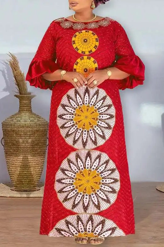 Elegant Patchwork Printed Long Lantern Sleeve Plus Size Maxi Dress