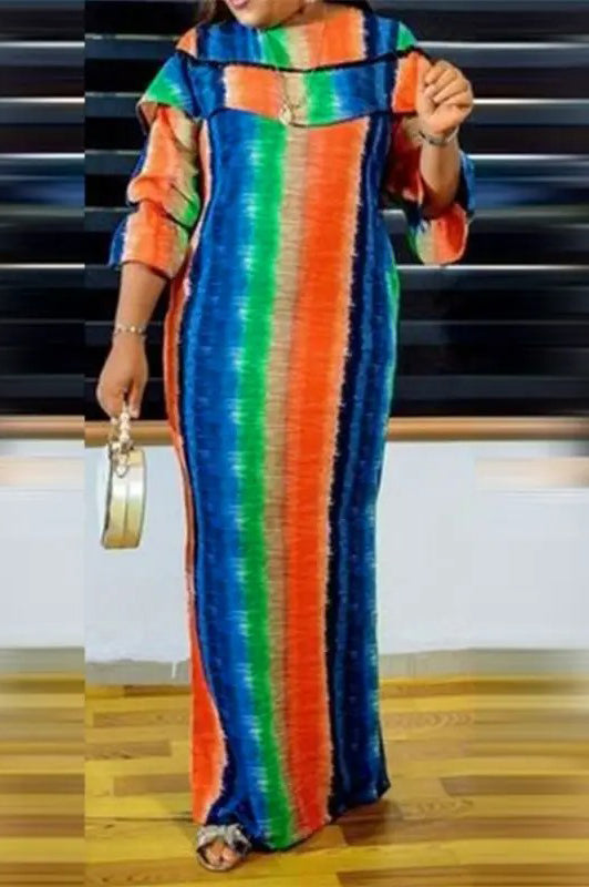 Elegant Printed Long Sleeve uffled Fashion Loose Casual Plus Size Maxi Dress