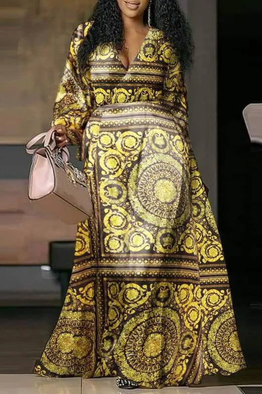 Vintage Printed Party V-Neck Loose Lantern Sleeve Long Dress