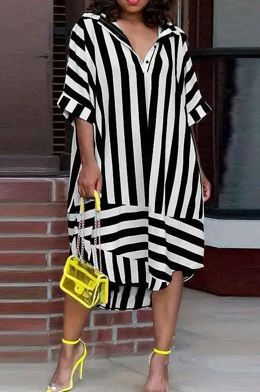 Casual Striped Printed Fashion Elegant Beach Loose Shirt Dress