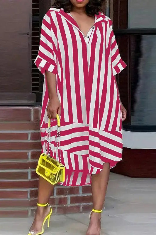 Casual Striped Printed Fashion Elegant Beach Loose Shirt Dress