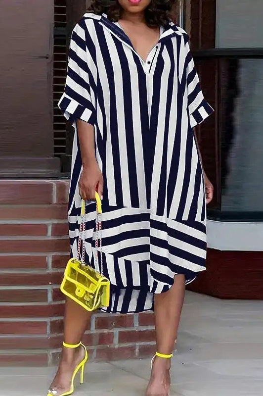 Casual Striped Printed Fashion Elegant Beach Loose Shirt Dress