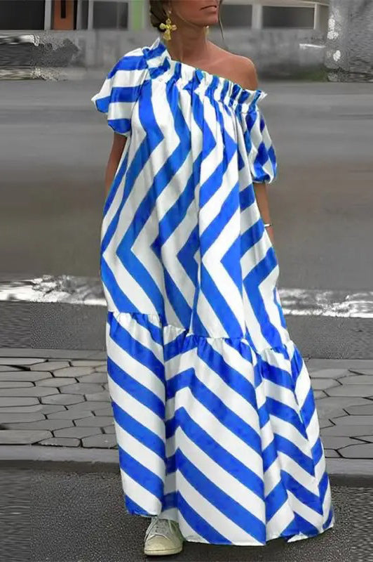 Vintage Printed Sexy Skew Collar Short Sleeve Stripe Maxi Dress